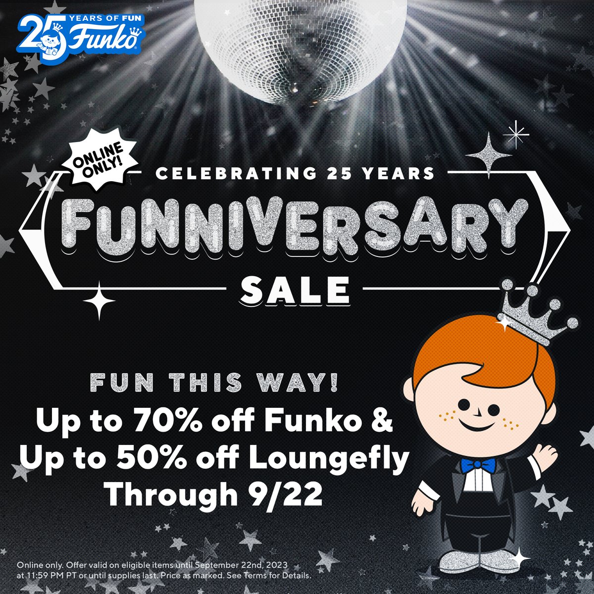 It’s officially fun o’ clock! Time for our big 25th Funniversary sale! From 9/21-9/22, enjoy up to 70% off Funko and up to 50% off Loungefly. #Funniversary #FunkoSale #Loungefly bit.ly/3sUnP3l