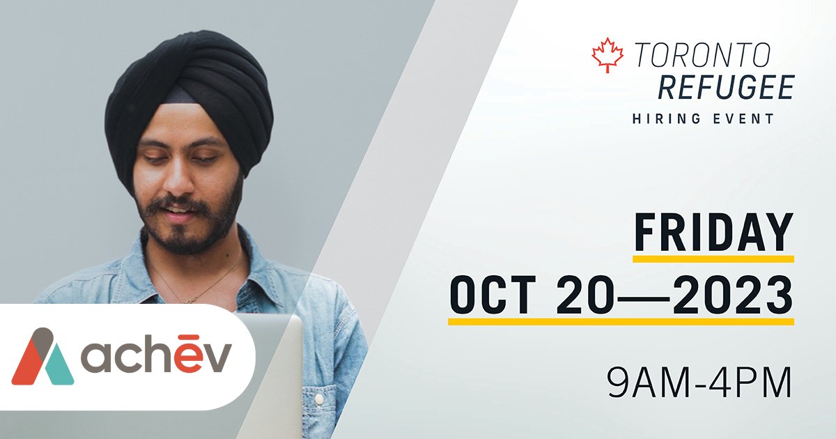 Achēv would like to invite you to the Toronto Refugee Hiring Event on Oct. 20. It brings together refugee jobseekers with top Canadian employers in a supportive and aspirational environment. Register: bit.ly/46gpJcZ 

#WelcomingEconomy #RefugeesThrive #TorontoJobs