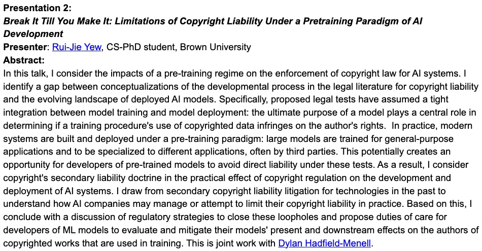 CS+Law Researchers:
@ruijieyew &amp; <a href="/PeterHndrsn/">Peter Henderson</a> present their research on foundation models and copyright at Sept. 26 online meeting  of CS+Law Research Group.
Sept. meeting hosted by <a href="/NorthwesternU/">Northwestern</a>.
Join our group to get Zoom invite &amp; join us on Sept. 26!
cslawworkshop.org