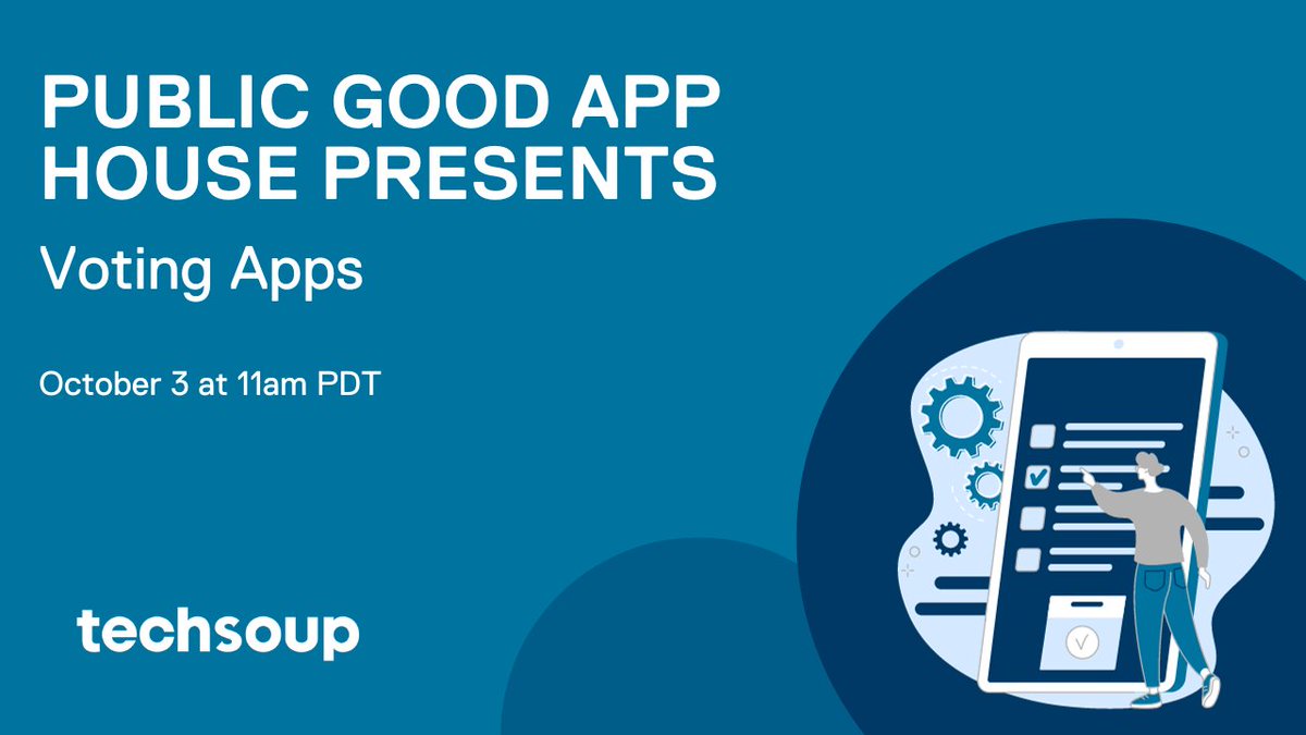 TechSoup's tweet image. .@WeVote, @VoteAmerica, and @VOTE411 are joining our #PublicGoodAppHouse event on October 3 at 11am PT, to demonstrate how their apps support civic participation in the upcoming elections.

Learn more: spr.ly/6011u6O67

#CivicTech #PublicGoodTech #CivicTechApps