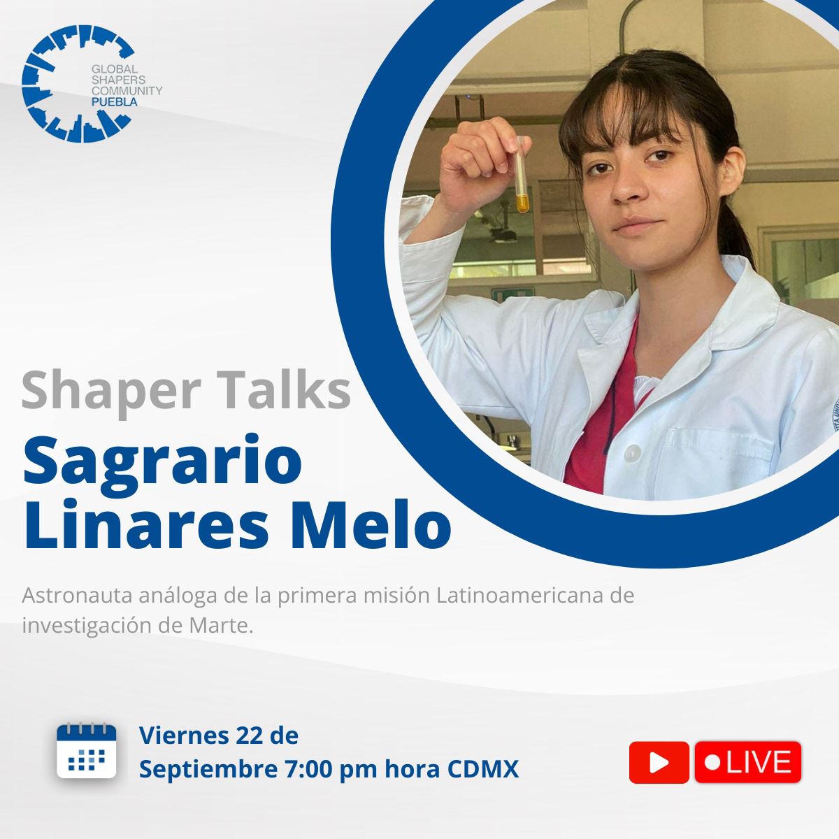 ShapersPuebla's tweet photo. 🚀🎙️ No te pierdas la apasionante Shaper Talk con Sagrario Linares, quien forma parte de la 1ª misión latinoamericana de investigación análoga a Marte. Únetenos y sé parte de esta increíble conversación sobre el futuro de la exploración espacial. 🌠👩🚀 #GlobalShapers #ShaperTalk https://t.co/WIqw3nTwB9