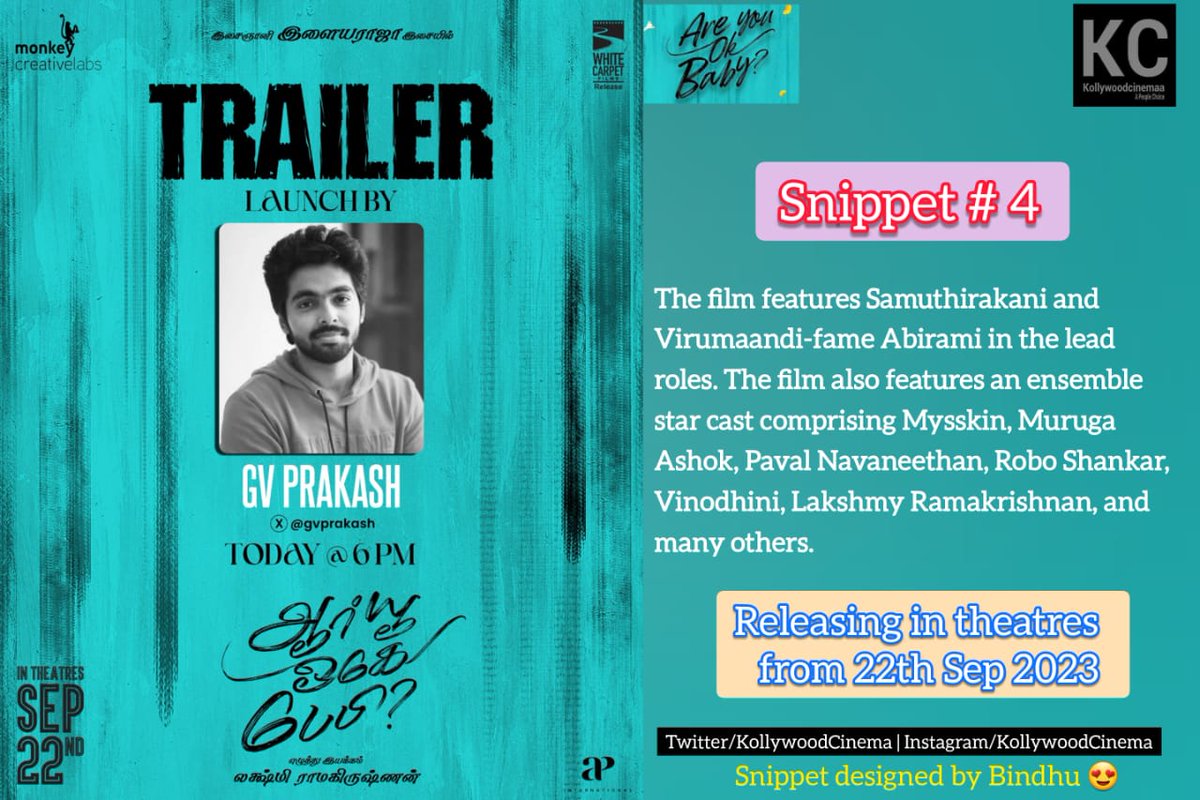 KollywoodCinima's tweet photo. #KollywoodCinima #KcSnippets for #AreYouOkBaby #AYOB by #Bindhu
#AYOBFromToday #AreYouOkBabyFromToday
π¬ @LakshmyRamki
πΈ @ilaiyaraaja
π° @WCF2021
π° #MonkeyCreativeLabs #Dstudios
π @thondankani @DirectorMysskin
π @ashokactor @VinodhiniUnoffl
π #Abhirami #DirVijay #Naren
π£ @donechannel1 @teamaimpr.
