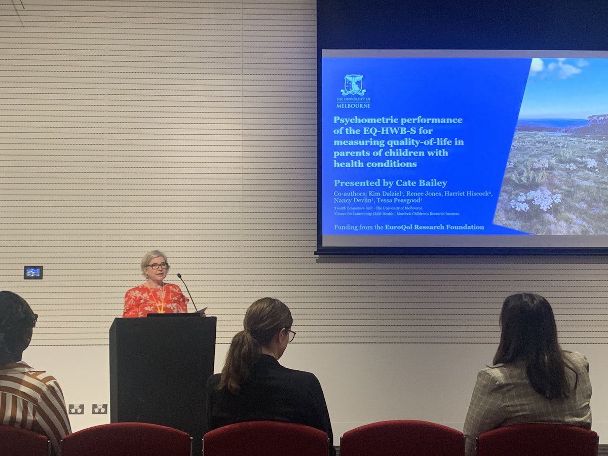Dr Cate Bailey from QUOKKA project team Uni of Melbourne presenting now at #AHES2023 large scale study with &gt;6000 parents of children with health conditions to assess psychometric performance of EQ-HWB-S for assessing parents QoL ⁦<a href="/QUOKKA_Research/">QUOKKA Research Program</a>⁩ ⁦<a href="/catebailey1/">dr cate bailey</a>⁩