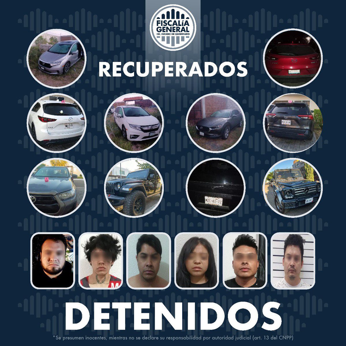 #PorTuSeguridad | Se realizaron 7 cateos a inmuebles en los municipios de Querétaro y Corregidora, además, la #FiscalíaQro recuperó 10 vehículos con reporte de robo y detuvo a 6 personas, desarticulando una banda dedicada a la comercialización de autos de alta gama.

Ver más: