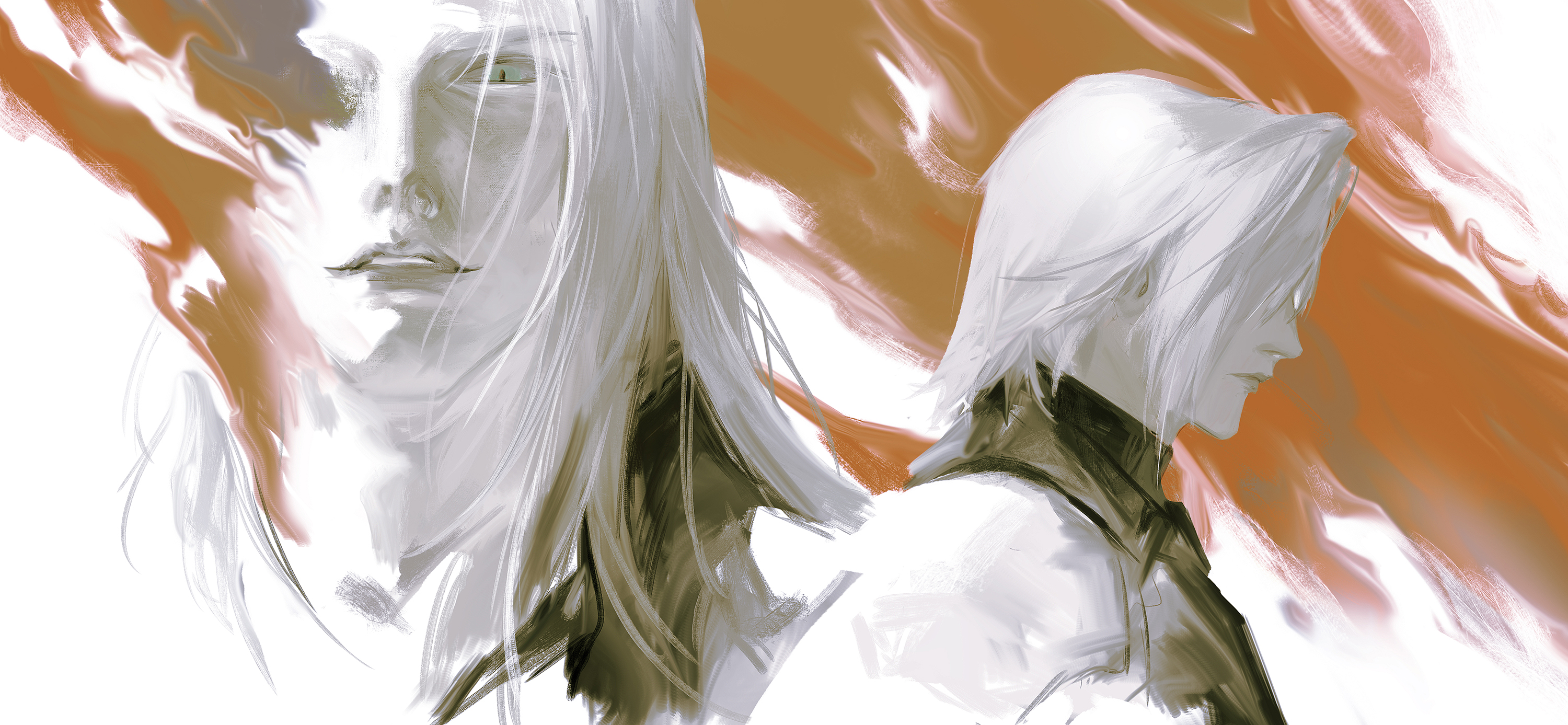 A painting of Sephiroth from Final Fantasy. On the left-hand side, he is front facing with long hair, and on the right-hand side there's another drawing of him right-facing with short hair. It has a somewhat distorted orange and white background. Some of the orange covers his right eye on the front-facing drawing. Original drawing done by ShawnStaw on Twitter.