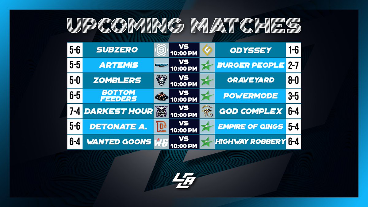 🚨 Tonight's Matches Covered by LCA!🚨

⚔️ <a href="/SubZeroEsport/">SubZero Esports</a> VS #Odyssey
🎙️ <a href="/WxFan21/">WxFan21</a> 

⚔️ <a href="/EsportsArtemis/">Artemis Esports</a> VS #BurgerPeople
🎙️ <a href="/SlayerCasts/">Leo "Slayer" Silverman</a> 

⚔️ <a href="/Zomblers/">Zomblers LLC</a> VS #Graveyard
🎙️ <a href="/LordPunkd/">Parker Perentis</a> 

⚔️ #BottomFeeders VS #Powermode
🎙️ <a href="/danniifanta/">DannyFanta</a> &amp; <a href="/AllinGaming23/">AllinGaming</a> 

Streams in replies below!⬇️