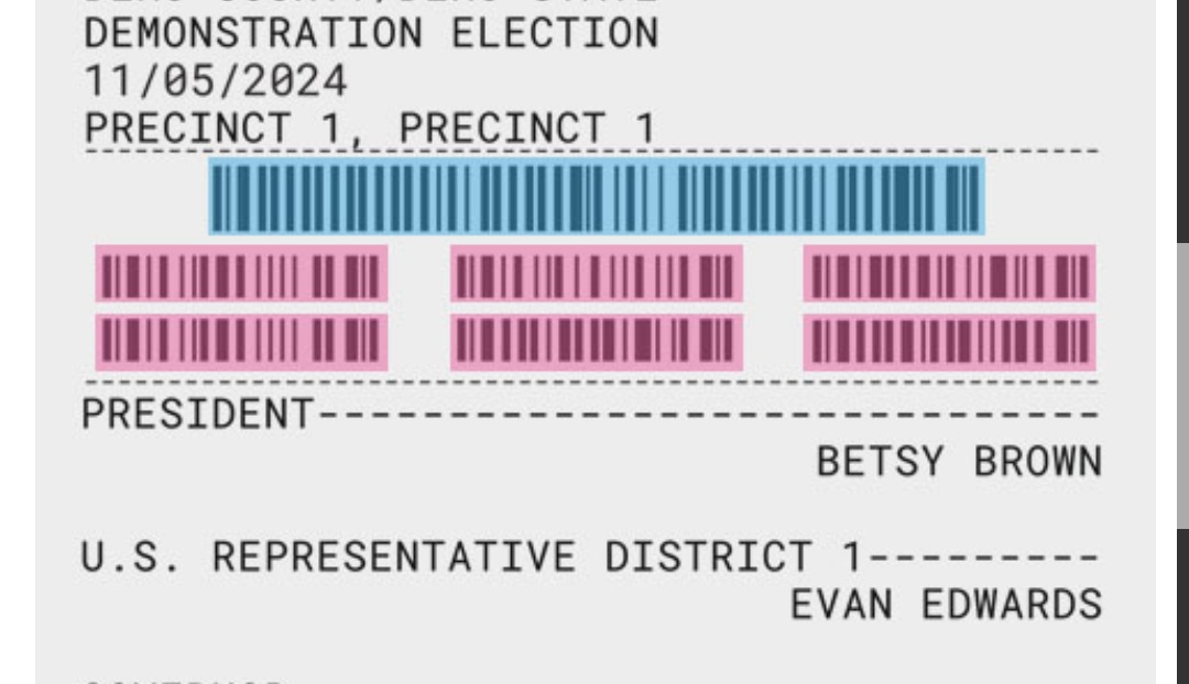 CanariesBlue's tweet image. 1. Voting machines print out your responses on a paper ballot. The tabulator reads the BARCODES - NOT the printed texts. 
Based on these barcodes, can you tell WHO you voted for? These are YOUR selections if you use a voting machine in an election to vote. #ElectionIntegrity