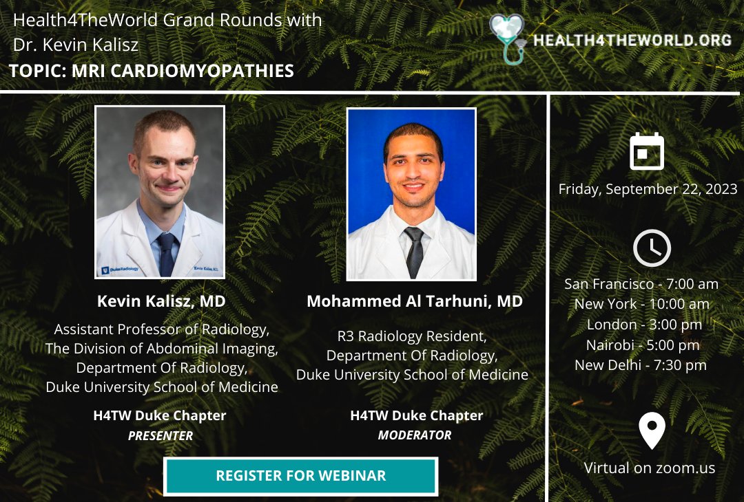 Health4TheWorld (@charityh4tw) on Twitter photo Looking forward to our #Health4theWorld Grand Rounds on "MRI Of Cardiomyopathies" with Dr. Kevin Kalisz, moderated by Dr. Mohammed Al Tarhuni. Join us Friday, September 22nd at 7AM PST.
Register: buff.ly/3RsulIP
#RadRes #Radiology #MedEd <a href="/DukeRadiology/">Duke Radiology</a> Looking forward to our #Health4theWorld Grand Rounds on "MRI Of Cardiomyopathies" with Dr. Kevin Kalisz, moderated by Dr. Mohammed Al Tarhuni. Join us Friday, September 22nd at 7AM PST.
Register: buff.ly/3RsulIP
#RadRes #Radiology #MedEd <a href="/DukeRadiology/">Duke Radiology</a>