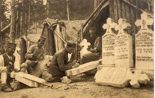 Serbian soldiers craft tombstones for fallen comrades. Thessaloniki Front, 1916.