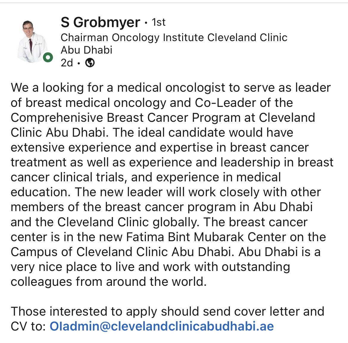 Huge opportunity to be a leader ⁦@ClevelandClinic⁩ ⁦@CCAD⁩ ⁦@grobmys⁩ is looking for a #breastcancer medical oncologist with research and leadership experience!