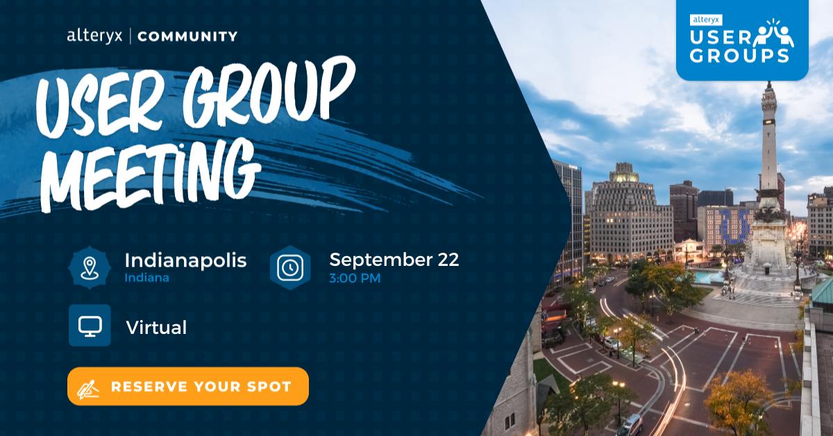 Kramer_Dave's tweet image. Join us for a fun Weekly Challenge contest and a Product Roadmap sneak peek at our next Indianapolis User Group Meeting!

🗓️ 9/22
⏰ 3:00pm

Reserve your spot: ow.ly/56Af104TXNL

#AlteryxUserGroup #AnalyticsEvents