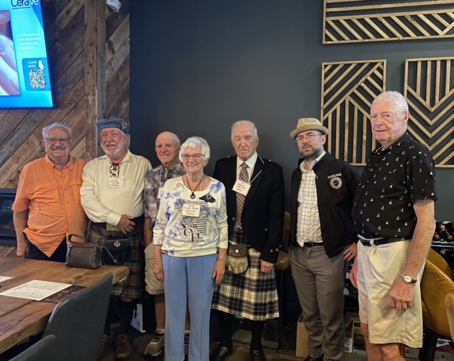 SEVEN DNA-RELATED CLAN MacRAE COUSINS Larry McRae (2nd from left) Owen MacRae (left of Larry), Bloyce MacRae, Eileen (MacRae) Shewchuk, Emerson MacRae, Brodie MacRae and Wendell Birch.