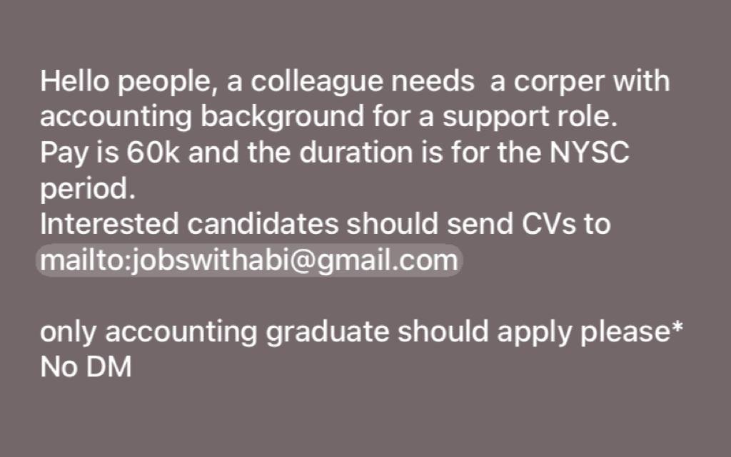 Youth Corper needed 
#jobs #remotejobs #nigeriajobs