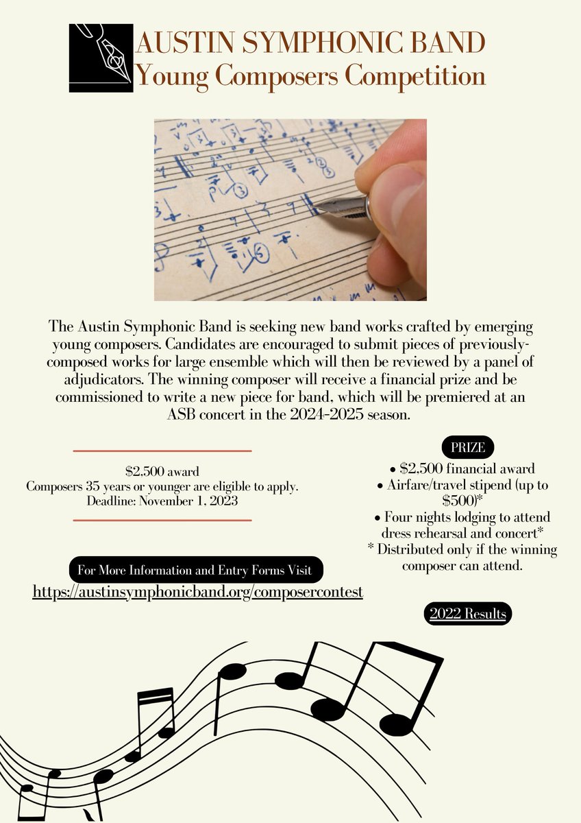 AustinSymphBand's tweet photo. 2nd Annual Austin Symphonic Band Young Composer's Competition https://t.co/QGCB5vPNKe