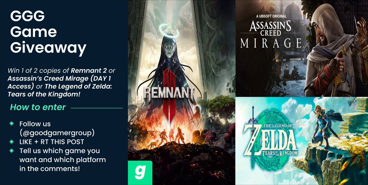 goodgamergroup's tweet image. 🚨Win 1 of 2 Copies of  #AssassinsCreedMirage (Day1 Access) or The Legend of Zelda: #TearsOfTheKingdom or #Remnant2🤩
To enter🎁:
✅Follow us
✅Like & RT this tweet
✅Drop a comment with your desired game & platform
⏰The #giveaway ends at 11:59pm CT on 09/28/2023 
🏆 The 2…