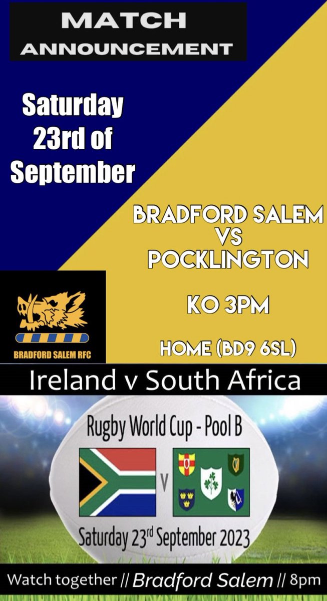 * This Saturday *

Our 1st team are at home taking on <a href="/PocklingtonRUFC/">Pocklington RUFC</a> - 3pm KO 🏉

The club will also be staying open for the Ireland Vs South Africa match in the evening on our BIG screen 🙌🏼

Get yourselves to the club for what promises to be a fab day out 🍻
