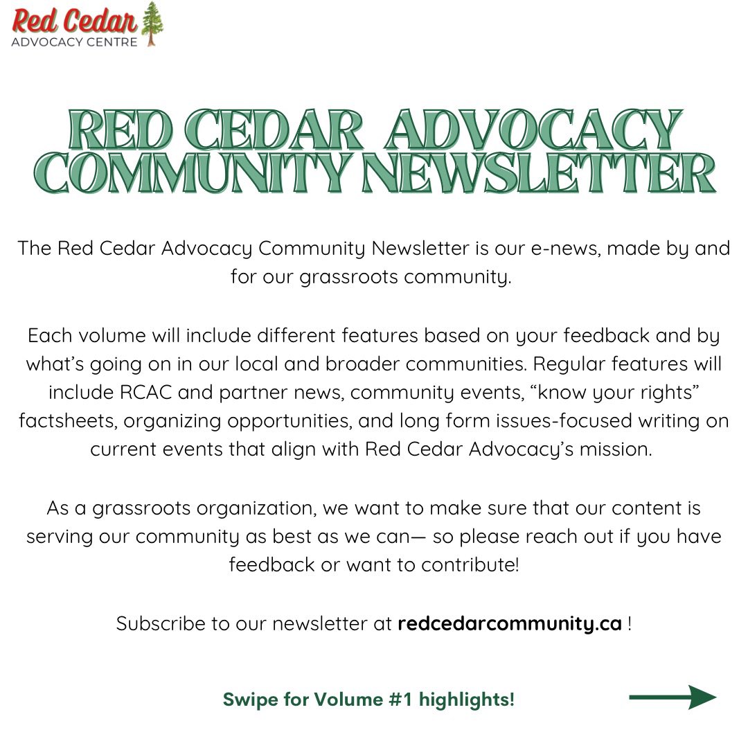 RedCedarCentre's tweet photo. Red Cedar Advocacy Centre’s first edition e-newsletter launched last week on https://t.co/R1I4UZw5Bt ! 

Visit our website to reading volume #1 in full, featuring current events, community news, and more. 🗞️ 

Highlights below ✨⤵️ https://t.co/rigGjMbugf