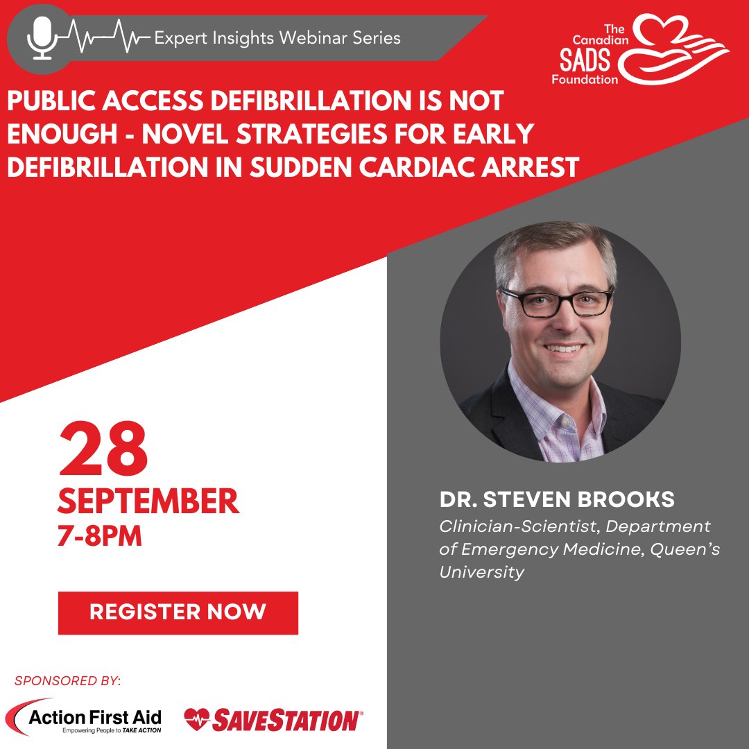 Join us for the 1st episode of our SADS Expert Insights Webinar Series!

🔹 Topic: Novel Early Defibrillation Strategies in Sudden Cardiac Arrest
🔹 Date: Sept 28, 7-8 PM
🔹 Platform: Zoom
🔹 Speaker: Dr. Steven Brooks
✅ Register now! Link in bio.

#SADSAwareness #ExpertInsights