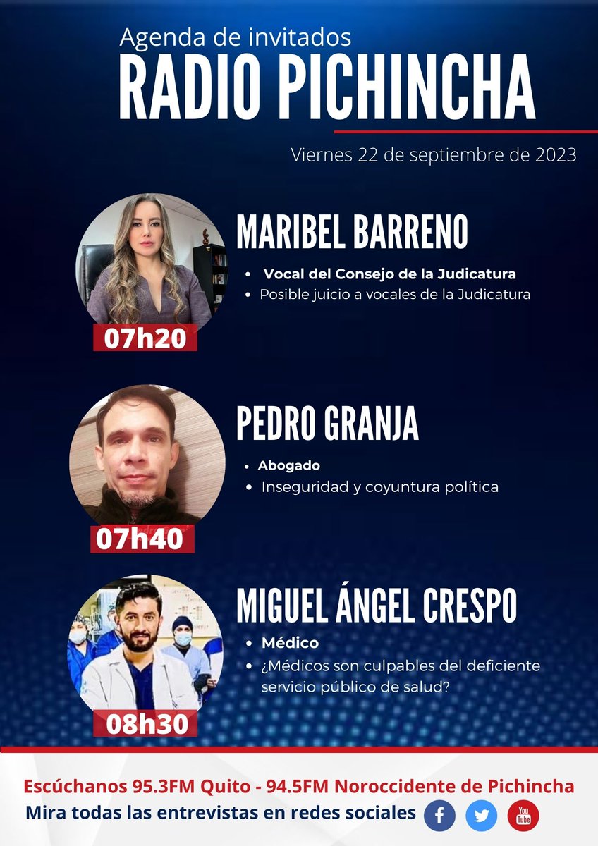 radio_pichincha's tweet photo. 📌 #Agéndalo | Este viernes 22 de septiembre sigue las entrevistas de 🎙#PuntoNoticias 1era emisión:
🗣07h20: @BarrenoMaribel
🗣07h40: @PedritoExtranja
🗣08h30: @Miguicho_Crespo
Por la 📻 95.3FM - 94.5 FM al noroccidente de Pichincha y 📲💻 transmisión en vivo por redes sociales. https://t.co/kRQemOVs57
