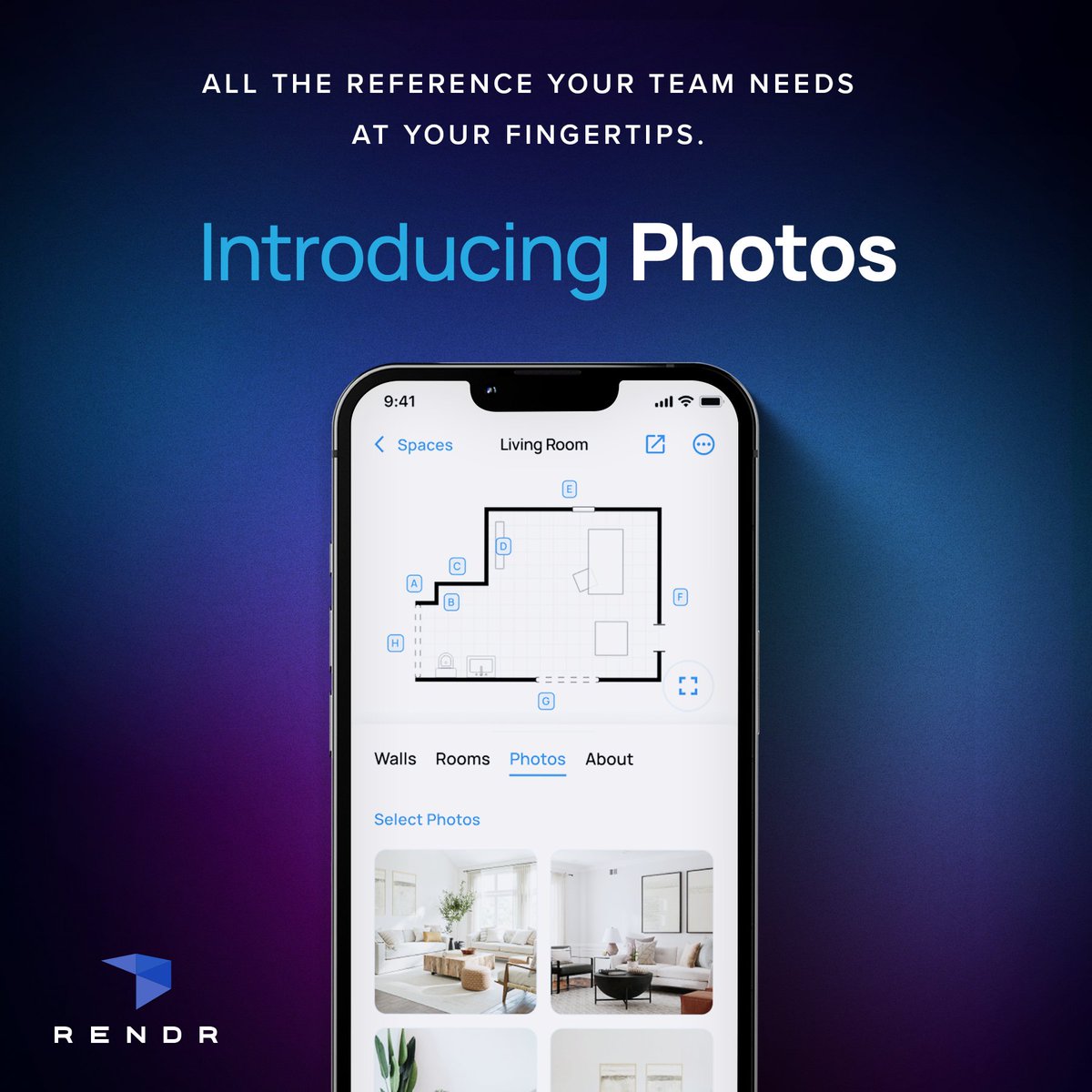 Conveniently store all necessary photos for your projects in RENDR for easy access anytime, anywhere.