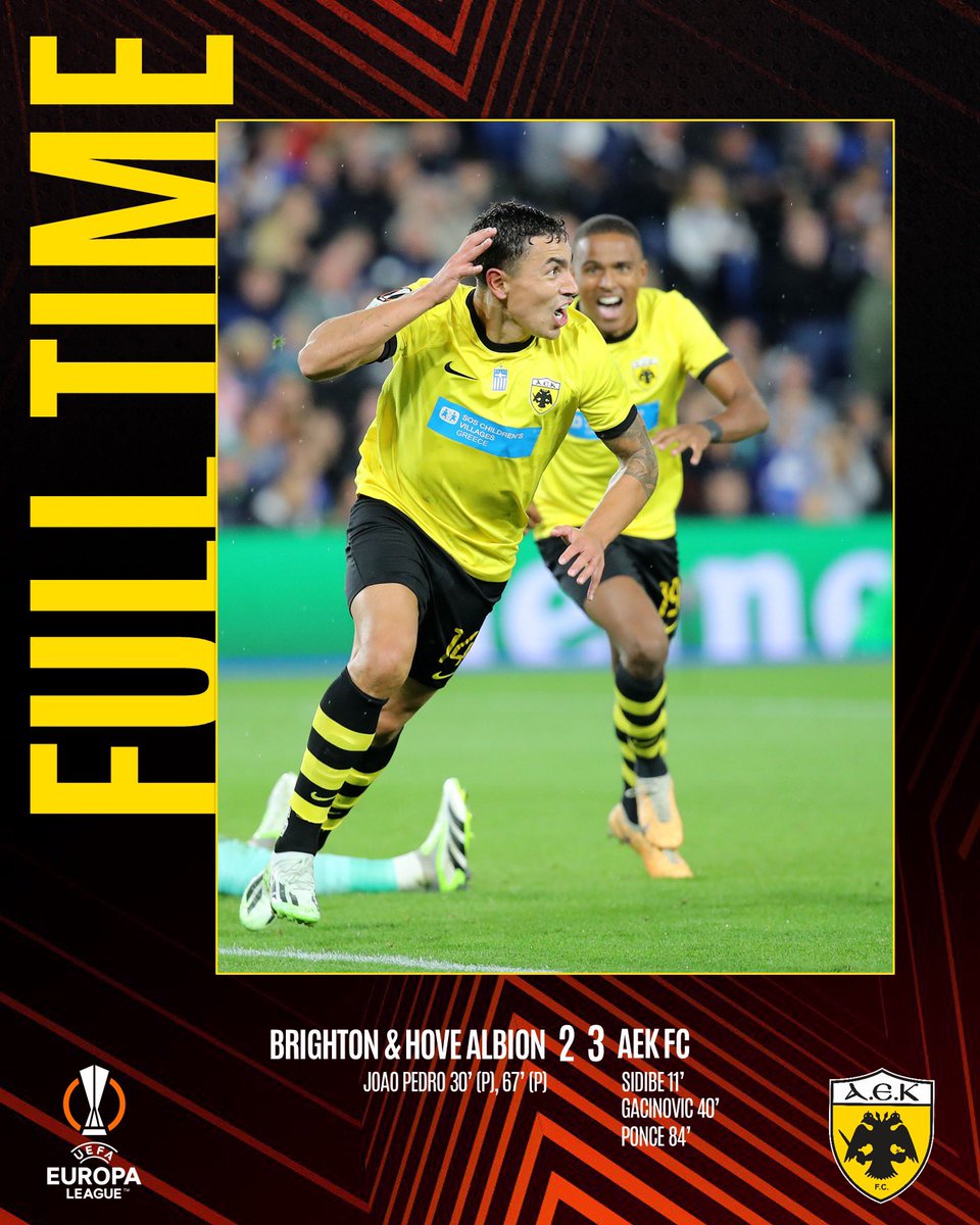 AEK_FC_OFFICIAL's tweet photo. Λήξη του αγώνα: Μπράιτον – ΑΕΚ 2-3!!! Η ομάδα μας αρχίζει την πορεία της στους ομίλους του UEL με μια τεράστια νίκη!!!
#bhaaek #aekfc #aekfcseason2023_2024 #UEL https://t.co/XHOhralP4h