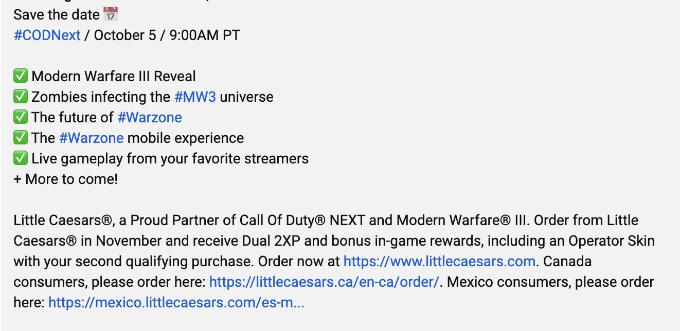 CharlieIntel on X: Call of Duty  description has revealed that  Little Caesars partnership is back for Modern Warfare III. Order from  Little Caesars in November to get Double XP and bonus