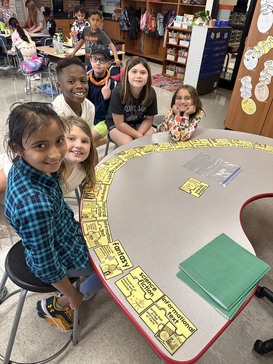 MrsWazRoom20's tweet photo. Teamwork makes the dream work!  Working together to complete the genre puzzles!  @ForgeElem https://t.co/FuZNzTrpK4