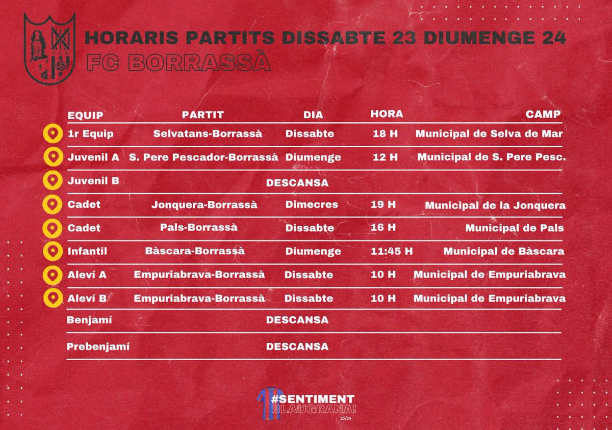 🚨🚨🚨🚨

Arranquem una nova setmana amb moltes ganes de seguir fent rodar la ⚽️.

🗓️Ja podeu consultar els horaris dels partits d’aquest cap de setmana tant del primer equip com del futbol base.

#futbolcat #sentimentblaugrana #fcborrassa ❤️💙