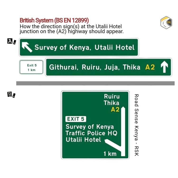 roadsensekenya's tweet photo. This is the correct way the directional sign at the Utalii Hotel junction (+ others) would appear under the proper standard—(the British System #BSEN_12899).
However, it should be positioned sufficiently in advance (1km) before the exit junction. @kipmurkomen @KeNHAKenya. https://t.co/sZTkgwvTGd