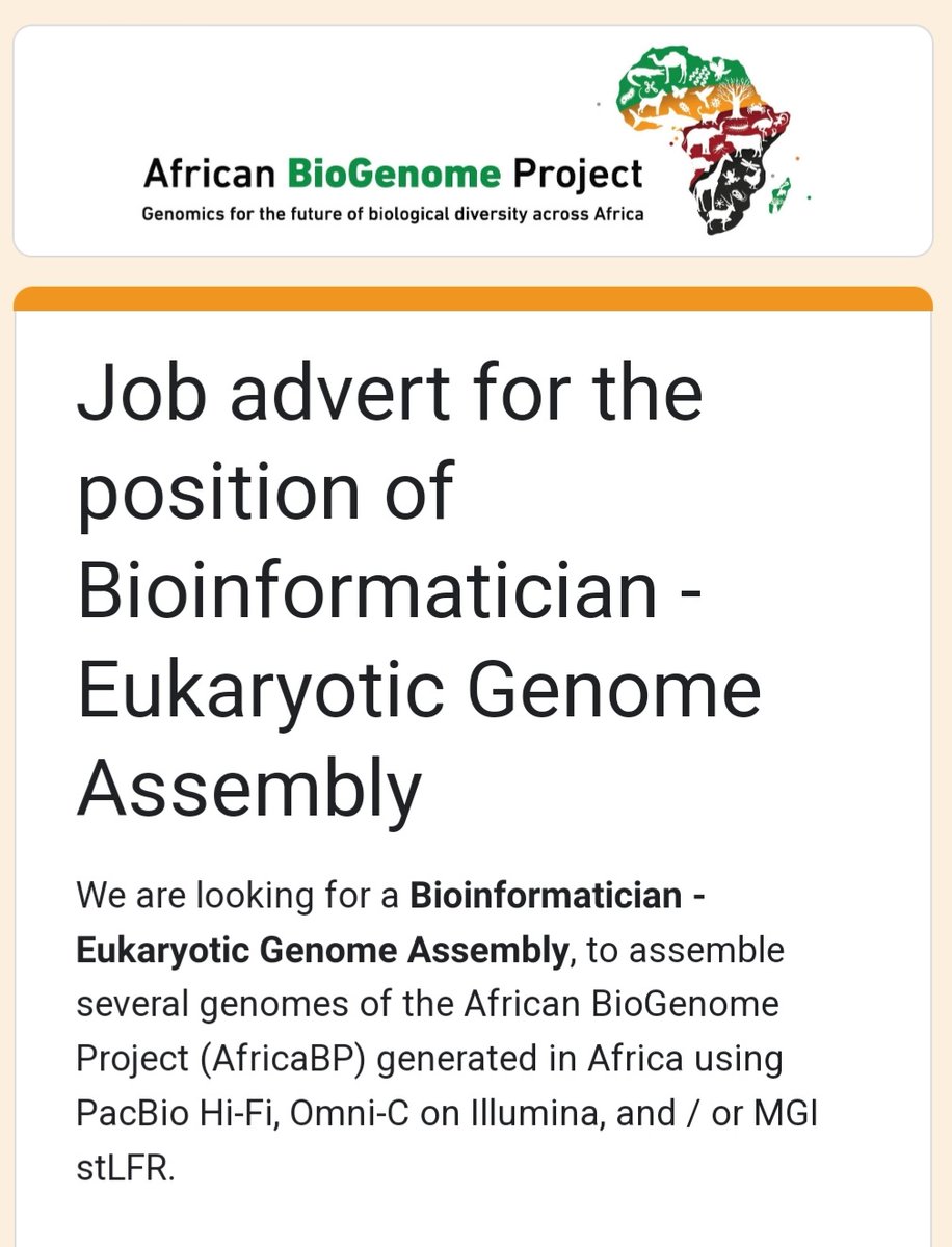 Job alert: We are looking for a Bioinformatician - Eukaryotic Genome Assembly, to assemble several genomes of the African BioGenome Project (AfricaBP) generated in Africa using PacBio Hi-Fi, Omni-C on Illumina, and / or MGI stLFR. 
docs.google.com/forms/d/e/1FAI…