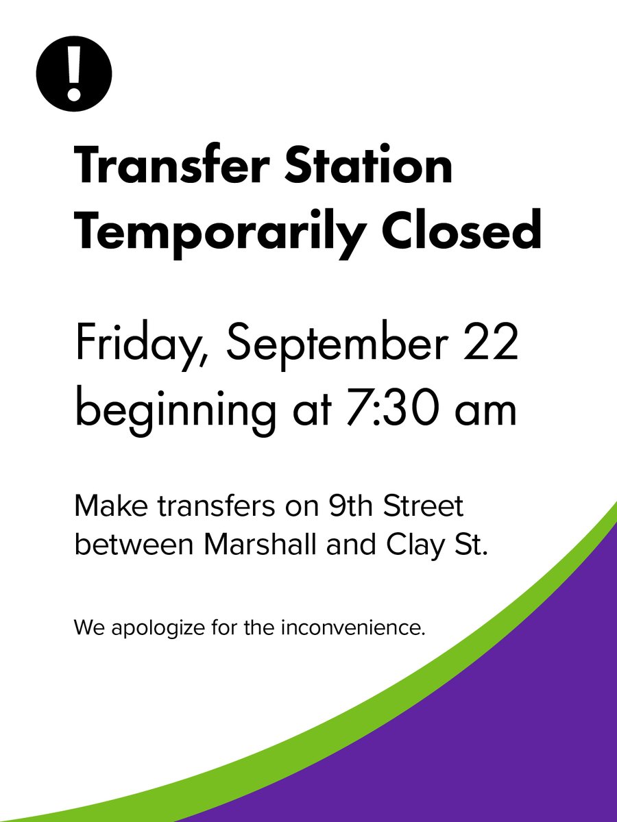 GRTCTransit's tweet photo. [Planned Work] The Downtown Transfer Station temporarily closed on Friday, Sept. 22 starting at 7:30 am. Transfers available on 9th Street between Marshall and Clay. Expect delays — allow for extra time. We apologize for the inconvenience. https://t.co/3p57iKiIw2 https://t.co/eisBMsln8W