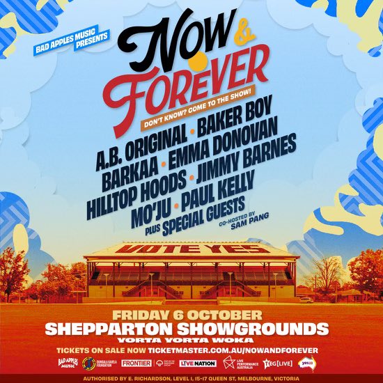 Now & Forever Don’t know? Come to the show! Shepparton Yorta-Yorta Woka - October 6! @ABOriginalBAM @Barkaa__ @bakerboymusic @EmmaDonovanDAWN @hilltophoods @JimmyBarnes @moju_music @paulkelly & more Tickets On sale 9am! ticketmaster.com.au/nowandforever