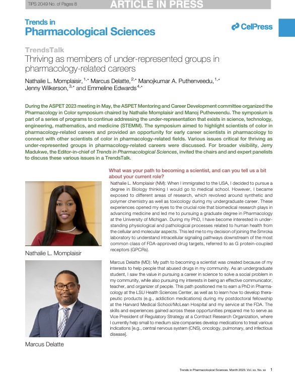 New <a href="/TrendsinPharma/">Trends in Pharmacological Sciences</a> TrendsTalk online now

Thriving as members of under-represented groups in pharmacology-related careers

authors.elsevier.com/a/1hoJO_3n04h6…

<a href="/steministnat/">Nathalie Momplaisir (she/her/hers)</a>  @UMpharmacology <a href="/MPuthenveedu/">Manoj Puthenveedu (he/him)</a> @NCCIH_EM <a href="/NIH_NCCIH/">NIH NCCIH</a> <a href="/NIH/">NIH</a> <a href="/TTUHSCSOP/">TTUHSC Jerry H. Hodge School of Pharmacy</a>
