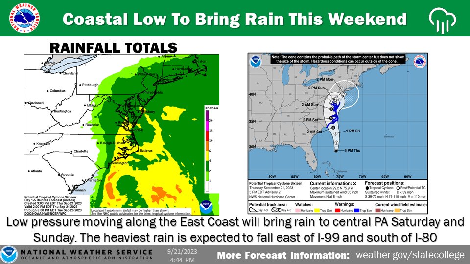 After a dry day on Friday, a coastal storm will bring steady and at times heavy rain to parts of central PA Saturday and Sunday. Localized flooding will be possible along with gusty winds. The heaviest rain (1-3 inches) is expected east of I-99 and south of I-80. #PAwx