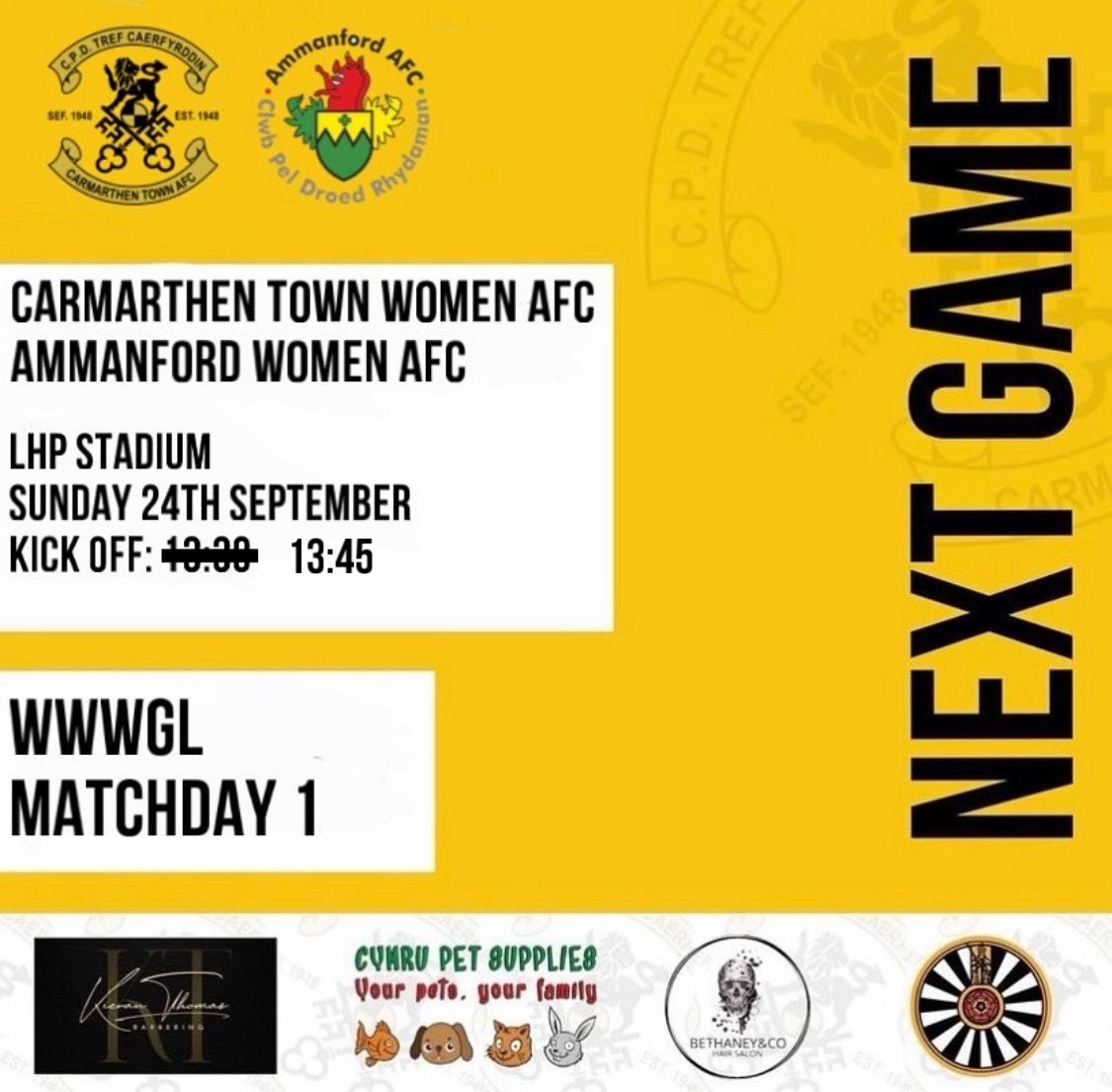 𝐍𝐄𝐗𝐓 𝐆𝐀𝐌𝐄

We kick off in our first league game of the 2023/2034 season with a Carmarthenshire derby 🆚 Ammanford. 💛🖤

🆚 @ammanfordladies 
🕰️ 13:45 KO
📍 LHP Stadium 
🏆 WWWGL