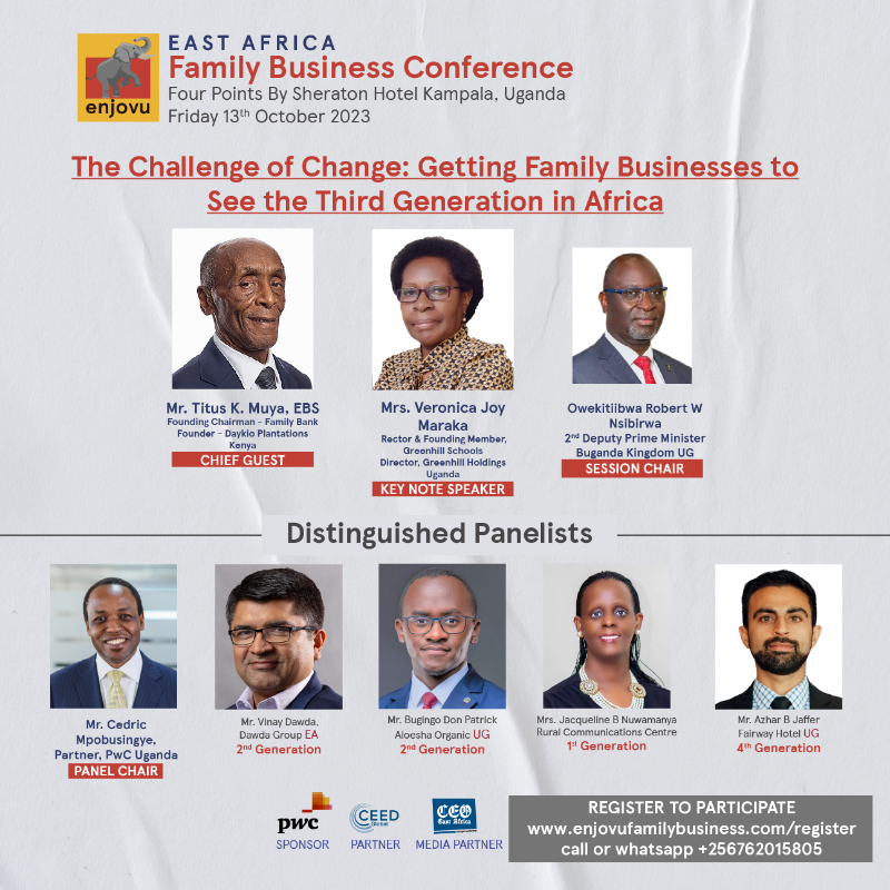 enjovufamilybiz's tweet photo. The 2023 enjovu Family Business Conference will bring together regional family business leaders to share their insights on their family business journeys and trusted approaches. This event is a celebration of all things family business @PwC_UG @CEOEastAfrica #enjovufamilybusiness https://t.co/hV7aNMLnBr