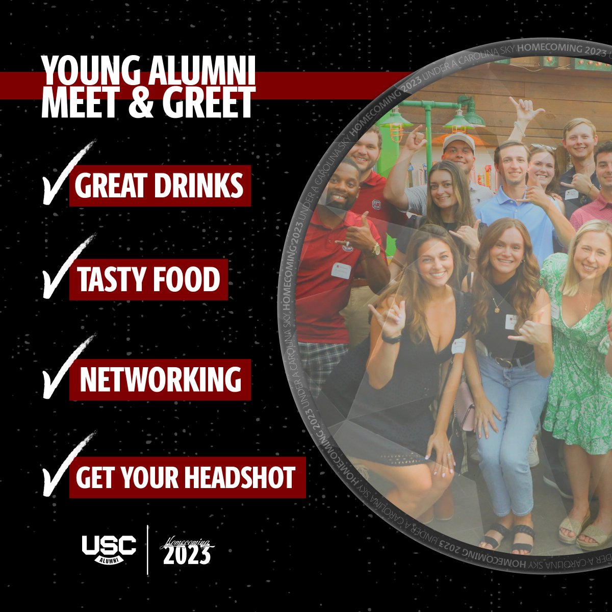 UofSCYAC's tweet image. ✉ You're invited to join the Young Alumni Council and future alumni at the Pastides Alumni Center for our #GamecockHomecoming Meet & Greet! Enjoy food, drink and networking on the patio of your alumni home.
🔗 eventbrite.com/e/young-alumni…
