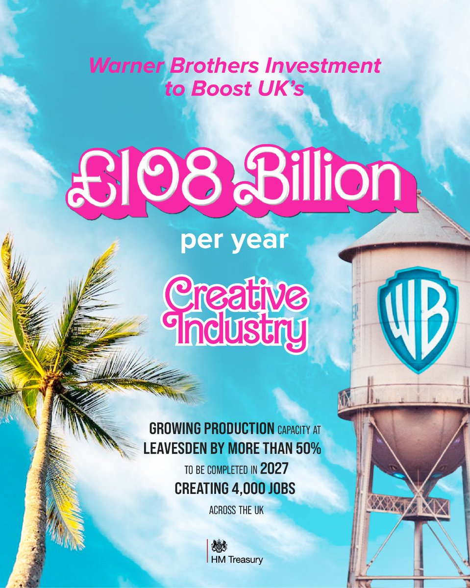 hmtreasury's tweet image. Hi Barbie! 👱‍♀️

Hey Ken, do you ever think about...

The new @wbd investment which will expand @WBSLeavesden 😍?

🩷  Creating 4,000 jobs
🩷  Opportunities across the UK
🩷  Boosting our 108bn a year creative sector

Find out more ⬇️