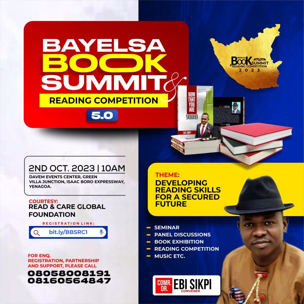 sikpi's tweet photo. Bayelsa Book Summit and Reading competition is aimed at empowering young people with skills, knowledge, mentorship and financial support to pursue educational goals and develop personal values for success in life....
The competition holds on the 2nd of October 2023... https://t.co/fBM3gjsWpt