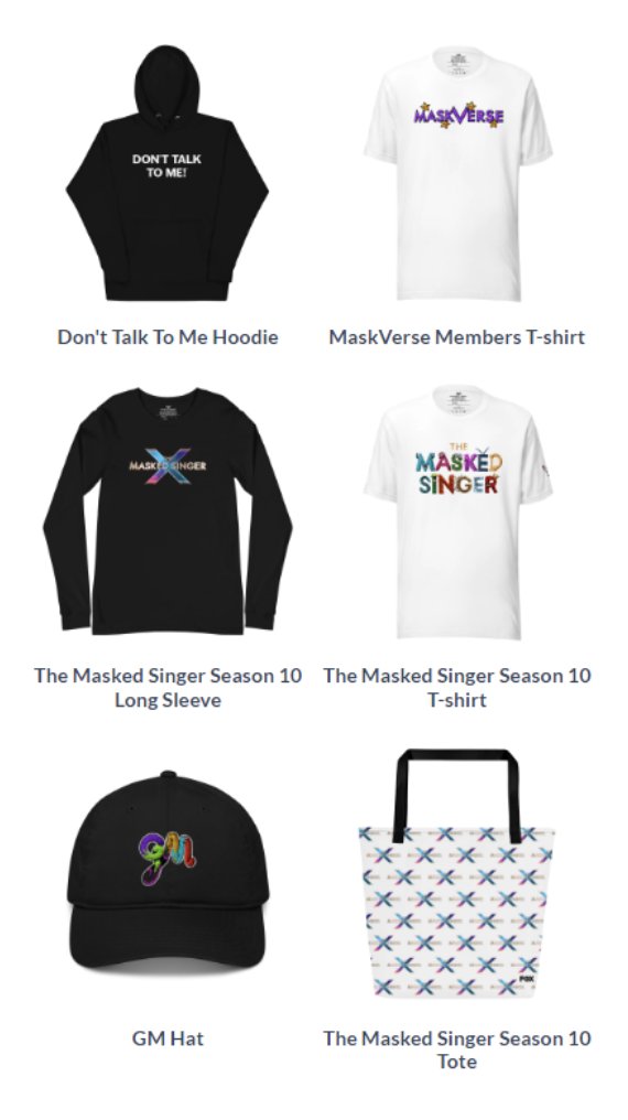 maskverse's tweet photo. Hey Masked Singer fans, the moment you’ve all been waiting for is finally here… yes, you guessed it...The Masked Singer Experience Shop merch!

Grab a Season 10 shirt, tote and more now available for Masked Singer Star holders inside The Masked Singer Experience Shop. #MaskVerse https://t.co/LQxIoLdIu9