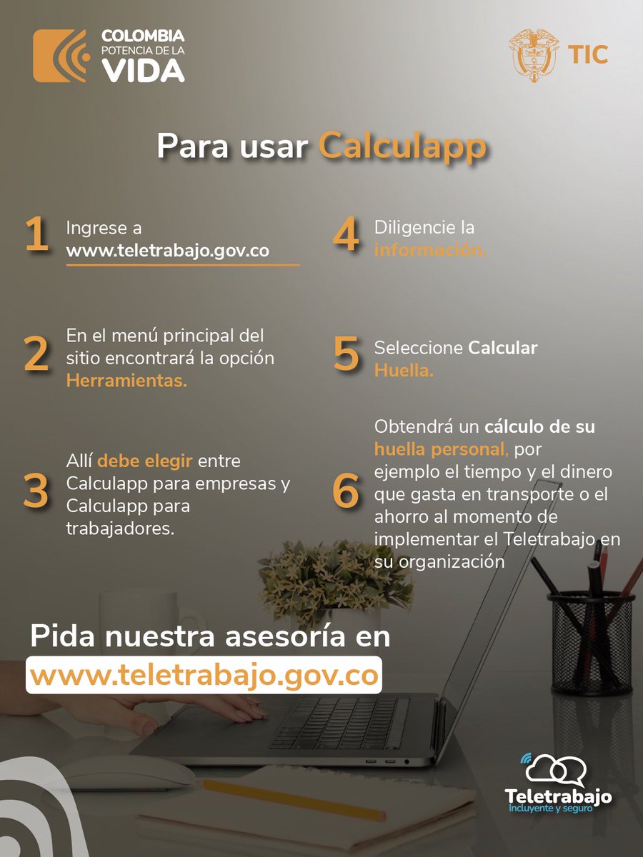 TeletrabajoCo's tweet photo. 🧑🏽💻🌎 Aprende cómo el teletrabajo aporta a aspectos ambientales, sociales y de responsabilidad empresarial y cuantifícalos con la #Calculapp del @Ministerio_TIC.
Úsala y anímate a considerar modalidades de trabajo fuera de la oficina 👇🏽
#DíaSinCarroEs https://t.co/CDnSGyQuBn