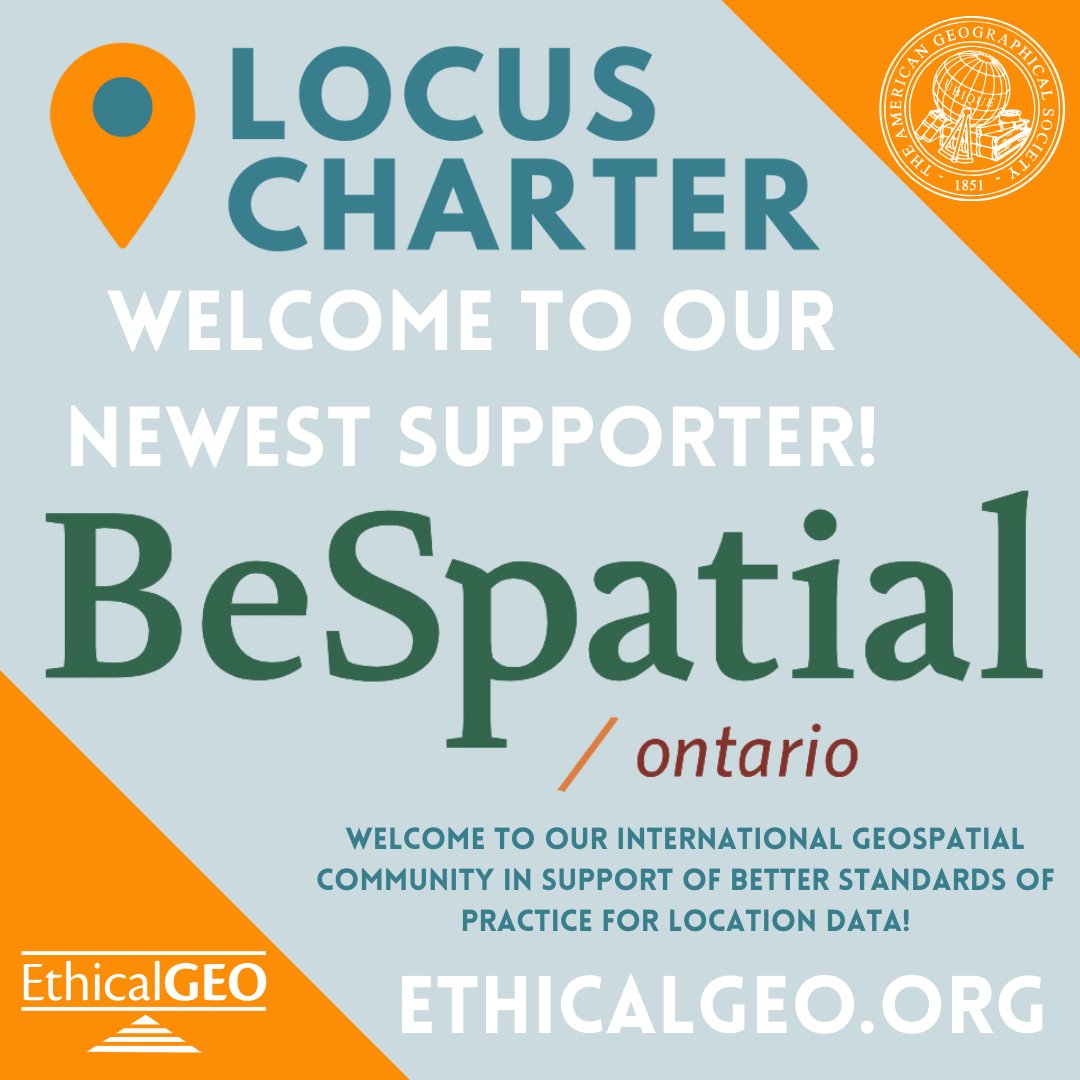 Welcome to our newest <a href="/EthicalGEO/">EthicalGEO</a> Locus Charter Supporter, <a href="/BeSpatialON/">BeSpatial Ontario</a> ! We're happy to have you as part of our international #geospatial community in support of better standards of practice for location data. Thank you for standing with our 10 founding principles! <a href="/PLANETucker/">Christopher Tucker</a>