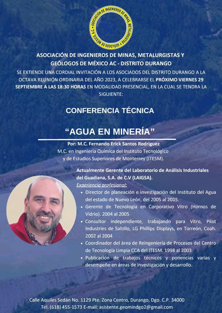 AIMMGM_Nacional's tweet photo. Los invitamos a la Conferencia Técnica "Agua en Minería", organizada por la AIMMGM #DistritoDurango.
📆 29 sept 2023
⏰06:00 p. m. Ciudad de México
📹 Vía ZOOM
Entrar Zoom Reunión
https://t.co/PIyxr7jBwH
ID de reunión: 896 8537 3200
Código de acceso: 560611 https://t.co/Dn6PRmm1Cs