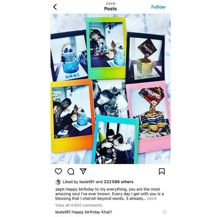 Louis Tomlinson le dio like y comento en nuevo post de Zayn en Instagram 💗

"Feliz cumpleaños Khai!!"