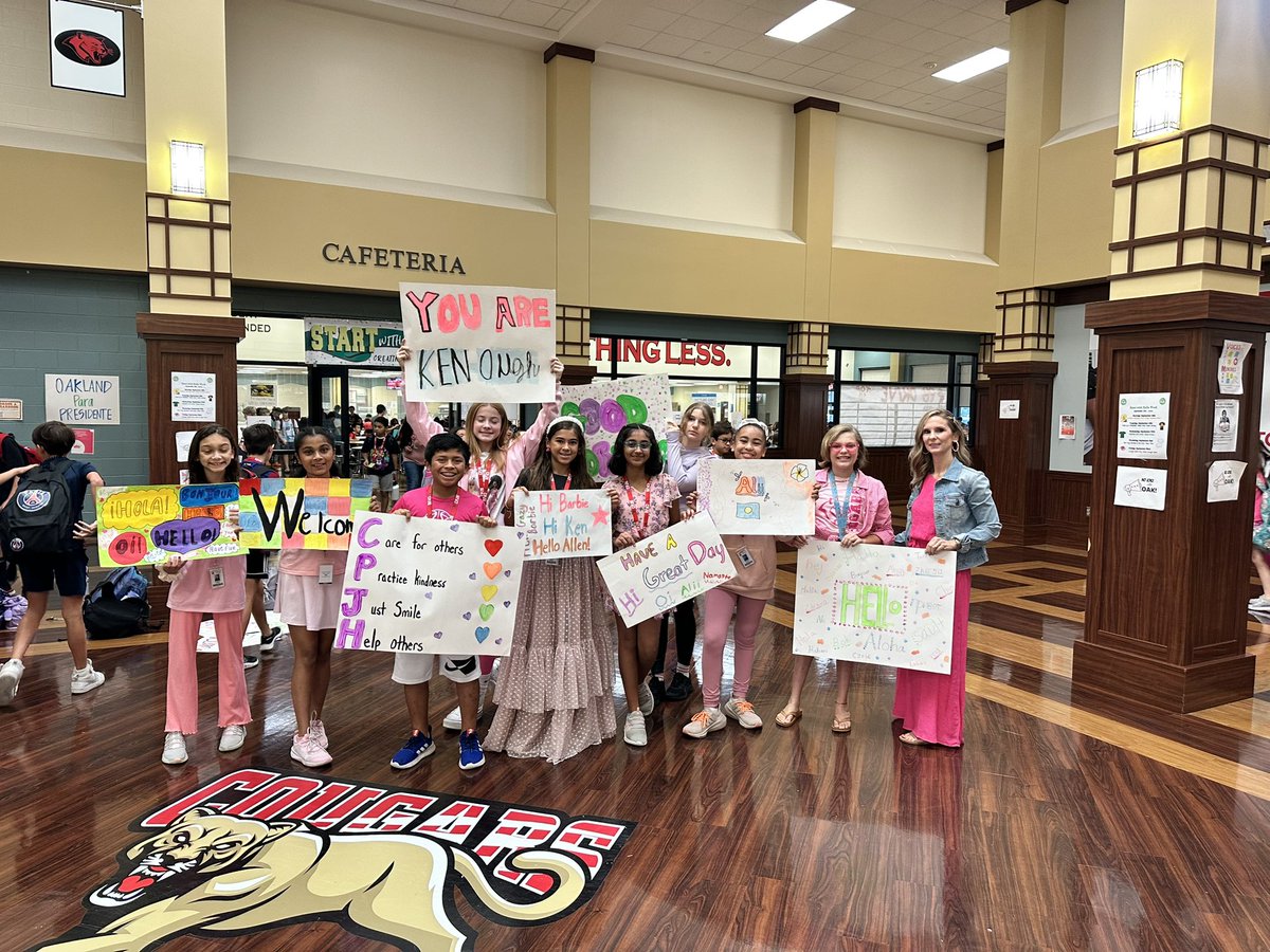 BrandiHalverson's tweet photo. Today, @TISDCPJHS students and staff celebrated #StartWithHelloWeek by participating in HEY DAY with a twist… ‘Hey Barbie, Hey Ken!’ (Wear Pink) I love the smiles and spreading positivity! 💕💛💚 @TomballISD @sandyhook https://t.co/NOZeFfzkdW