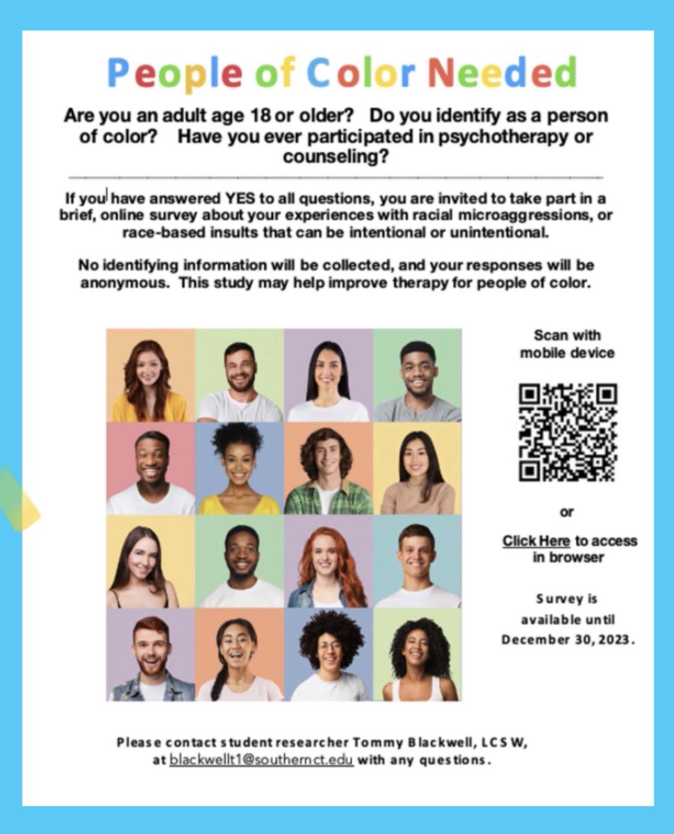 BMHMINC's tweet image. Hi All,
We acknowledge the importance of advancing Black Mental Health research in order to fill the gap that exists.
Kindly consider getting involved in this Research study exploring the impact of racial microaggressions  on Adult psychotherapy clients
scsu.iad1.qualtrics.com/jfe/form/SV_6y…