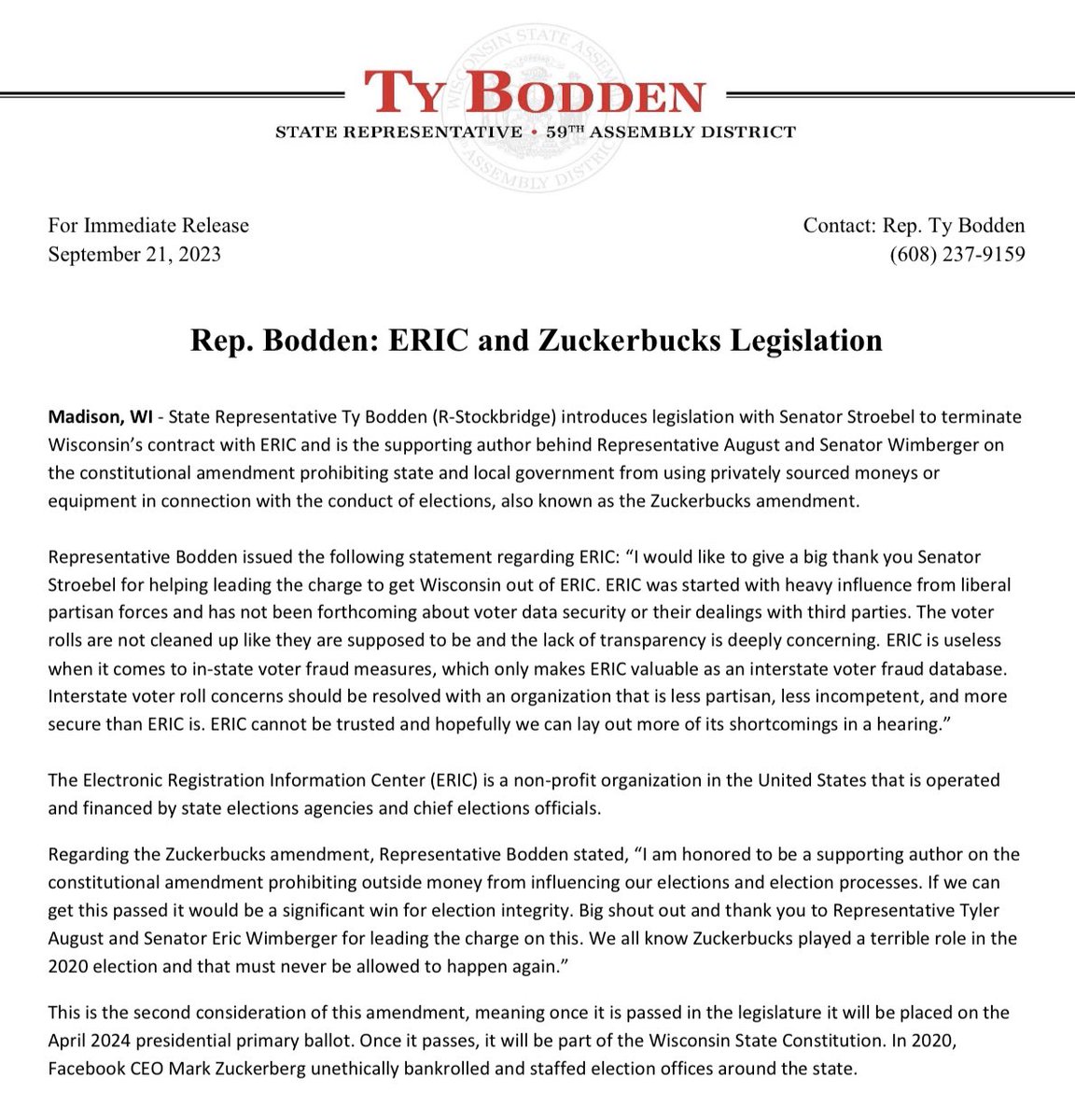 My latest press release: Get us out of ERIC and end Zuckerbucks