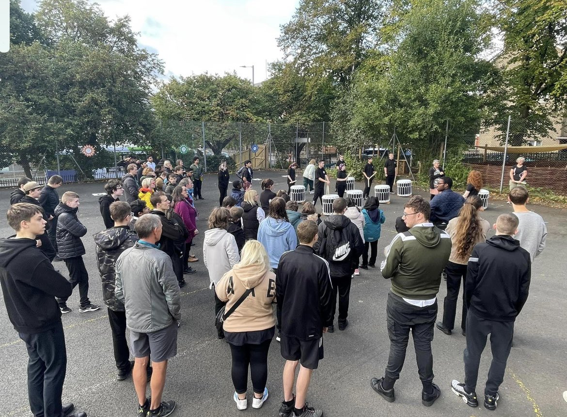 HBAcademyGlas's tweet photo. Our official opening today of our new sensory garden in memory of Mrs Newell. Great  morning with friends and family. Drums, bagpipes , food and a touching speech from Mrs Newell’s mum, such a lovely morning. #sewingseeds   @catheri87086777, #outdoorfun #friends https://t.co/22XPOzwmfo