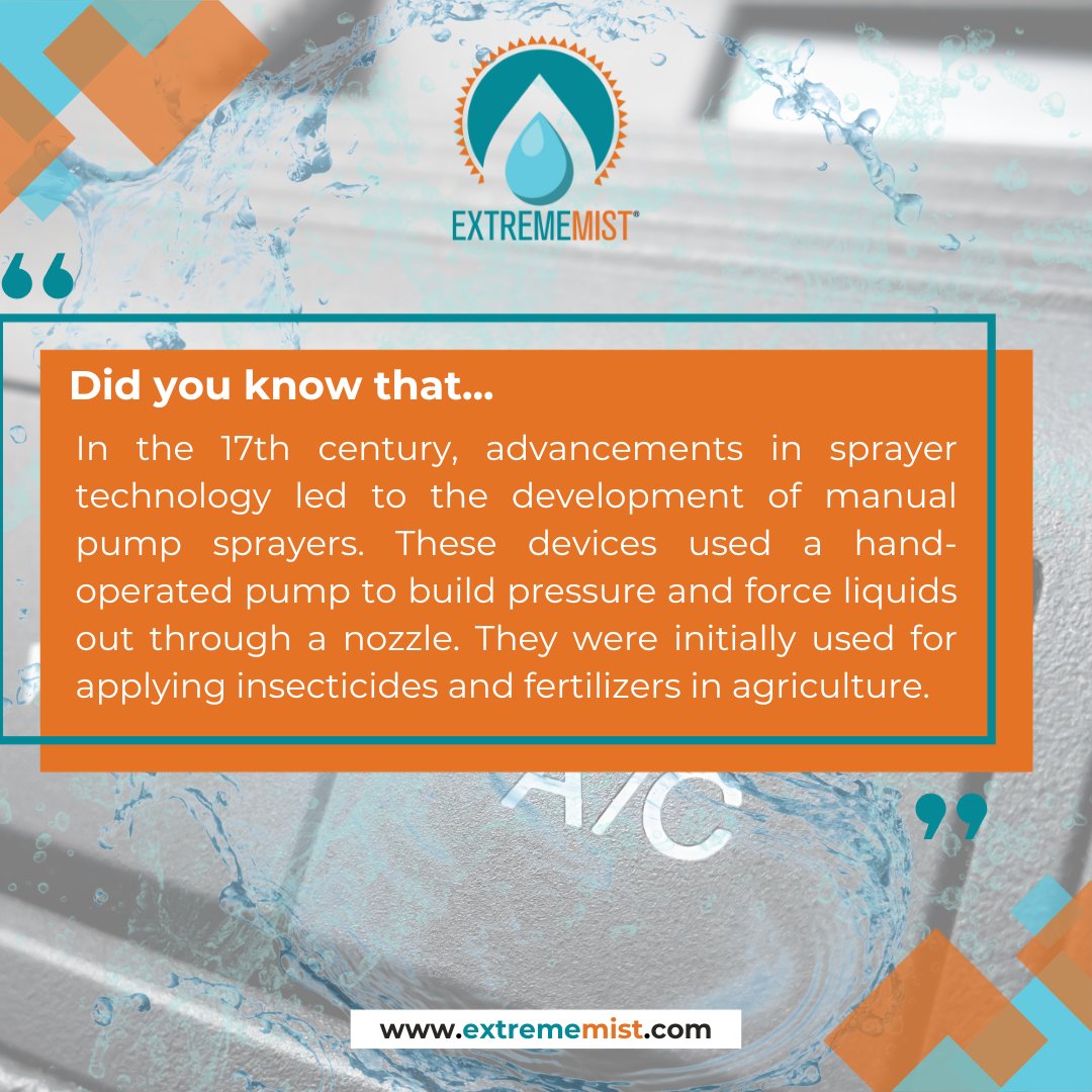 ExtremeMistPCS's tweet image. Did you know? In the 17th century, the pioneers of sprayer technology crafted manual pump sprayers, revolutionizing agriculture. #SprayerHistory #trivia #misting #pump