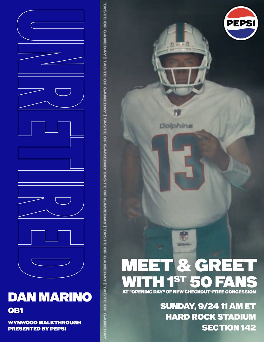 Dan Marino (@danmarino) on Twitter photo Its official. I'm coming back for a #TasteofGameday with <a href="/pepsi/">Pepsi</a> as the QB1 of the new Wynwood Walkthrough checkout free concession <a href="/HardRockStadium/">Hard Rock Stadium</a> for the <a href="/MiamiDolphins/">Miami Dolphins</a> home opener. See you Sunday at 11 AM. #FinsUp #PepsiPartner 👀🖊️Details-> bit.ly/3PN2pOD Its official. I'm coming back for a #TasteofGameday with <a href="/pepsi/">Pepsi</a> as the QB1 of the new Wynwood Walkthrough checkout free concession <a href="/HardRockStadium/">Hard Rock Stadium</a> for the <a href="/MiamiDolphins/">Miami Dolphins</a> home opener. See you Sunday at 11 AM. #FinsUp #PepsiPartner 👀🖊️Details-> bit.ly/3PN2pOD